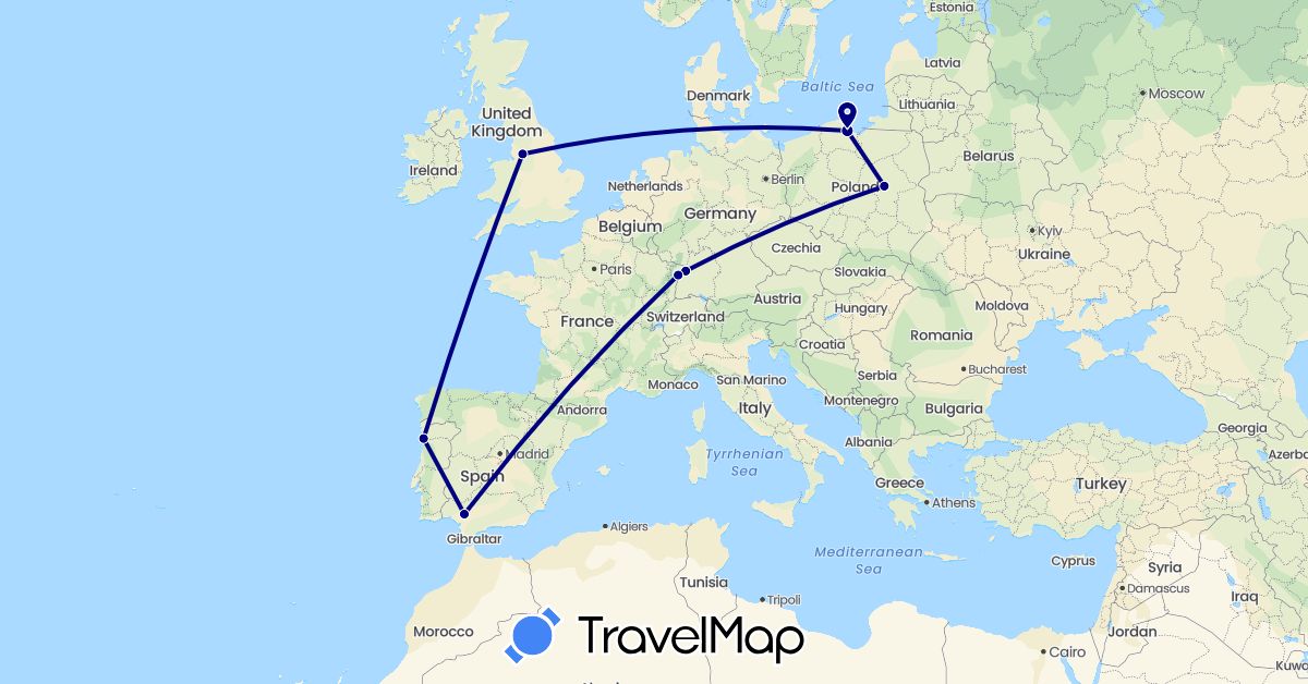 TravelMap itinerary: driving in Germany, Spain, France, United Kingdom, Poland, Portugal (Europe)
