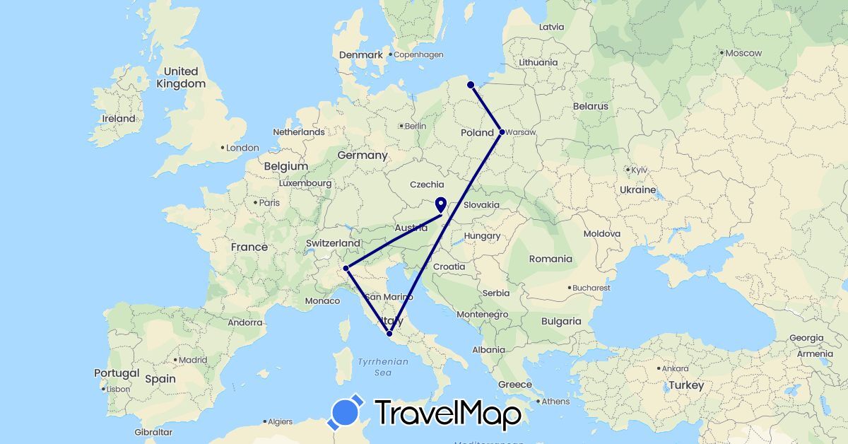 TravelMap itinerary: driving in Austria, Italy, Poland (Europe)