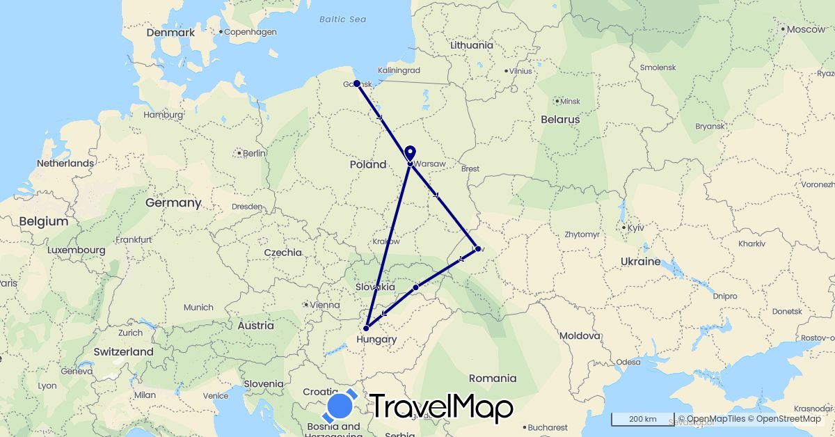 TravelMap itinerary: driving in Hungary, Poland, Slovakia, Ukraine (Europe)
