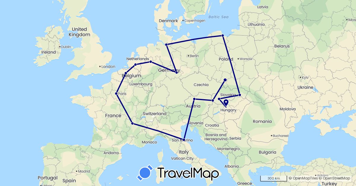 TravelMap itinerary: driving in Austria, Belgium, Germany, France, Hungary, Italy, Netherlands, Poland, Slovakia (Europe)