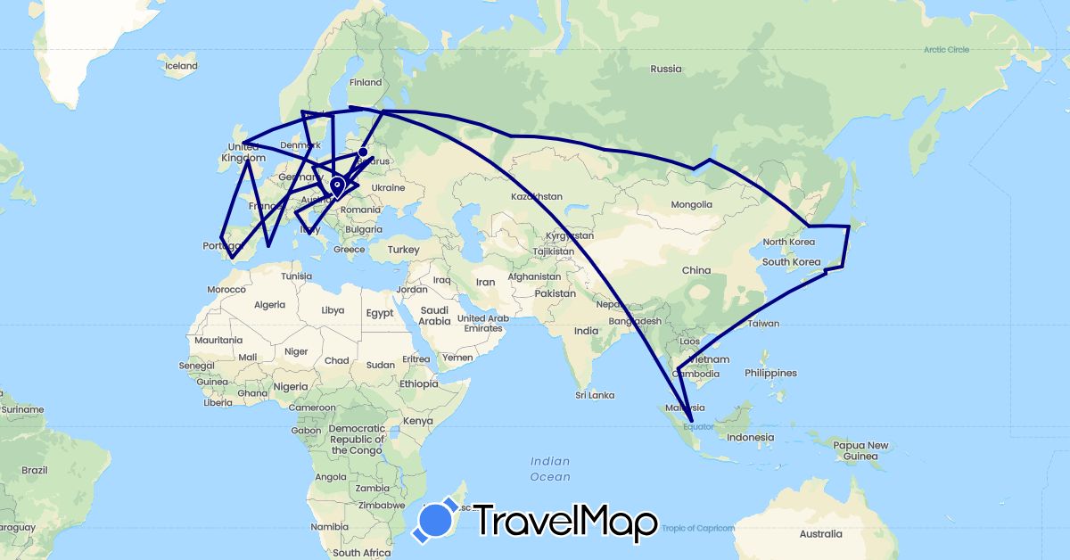 TravelMap itinerary: driving in Austria, Belarus, Czech Republic, Germany, Denmark, Spain, Finland, France, United Kingdom, Hungary, Italy, Japan, Lithuania, Norway, Portugal, Russia, Sweden, Singapore, Slovakia, Thailand, Ukraine (Asia, Europe)