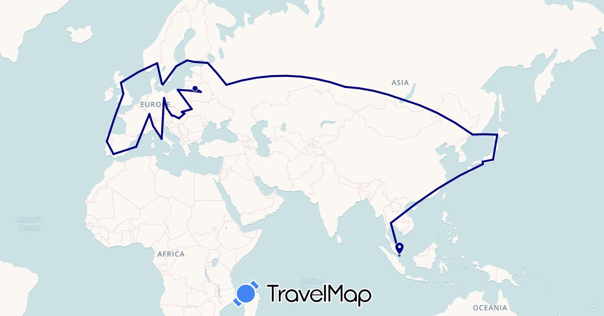 TravelMap itinerary: driving in Austria, Belarus, Czech Republic, Germany, Denmark, Spain, Finland, France, United Kingdom, Hungary, Italy, Japan, Lithuania, Norway, Poland, Russia, Sweden, Singapore, Slovakia, Thailand, Ukraine, United States (Asia, Europe, North America)