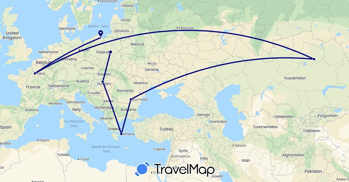 TravelMap itinerary: driving in France, Greece, Hungary, Kazakhstan, Poland, Romania (Asia, Europe)